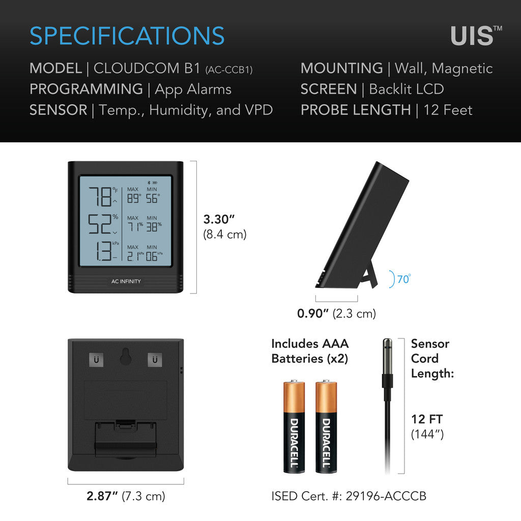 CLOUDCOM B1, Smart Thermo-Hygrometer with 12' Sensor